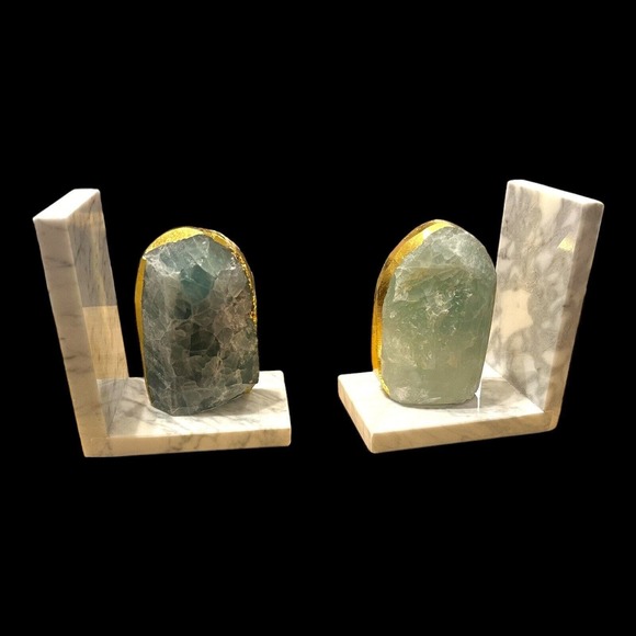 Anthropologie Sliced Bookends Green gold marbled Crystal heavy Beautiful Classy - Picture 9 of 16